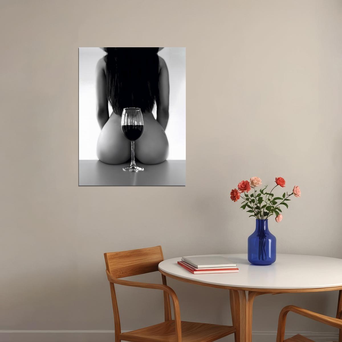 Painting Nude Girl Poster Sexy Woman Red Wine Glass Black White Style - xonomax