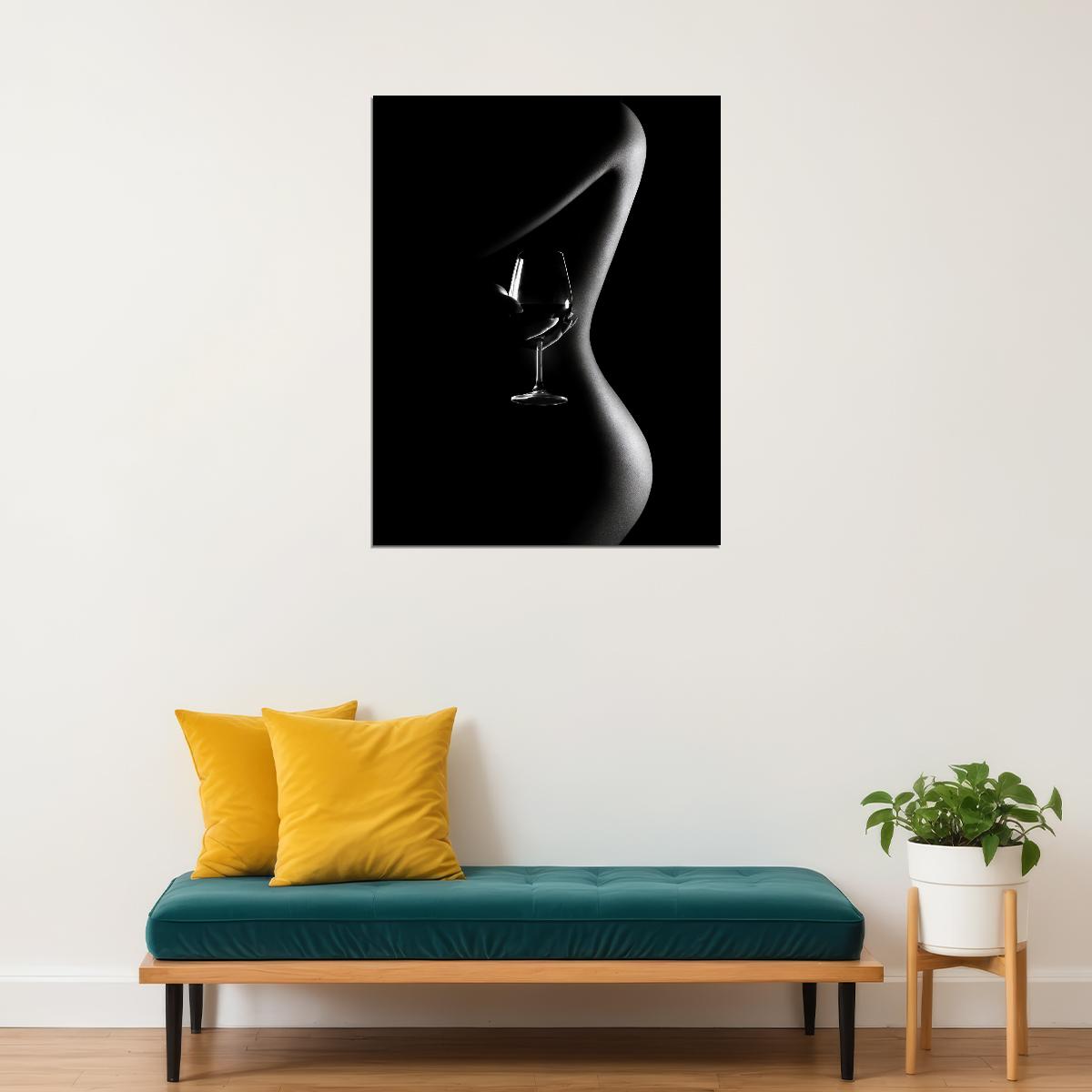 Painting Dark Nude Girl Poster Sexy Woman Red Wine Glass Black White Style - xonomax