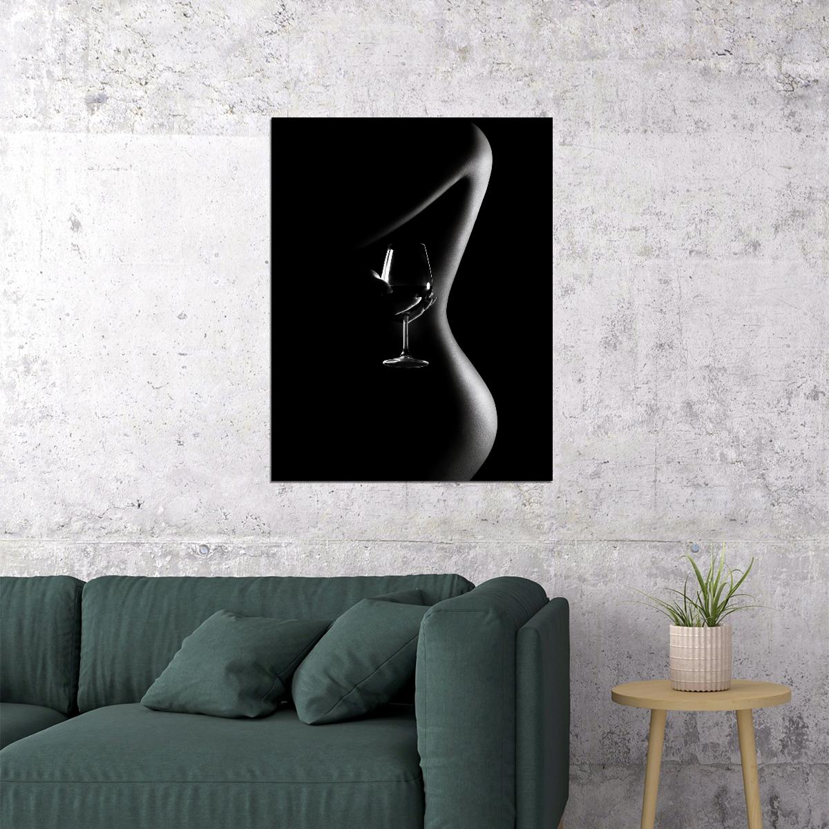 Painting Dark Nude Girl Poster Sexy Woman Red Wine Glass Black White Style - xonomax