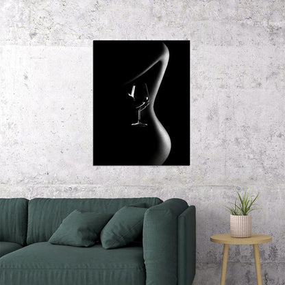 Painting Dark Nude Girl Poster Sexy Woman Red Wine Glass Black White Style - xonomax