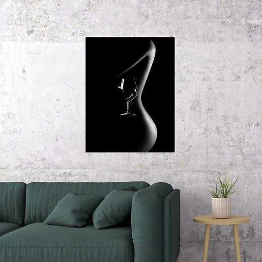 Painting Dark Nude Girl Poster Sexy Woman Red Wine Glass Black White Style - xonomax