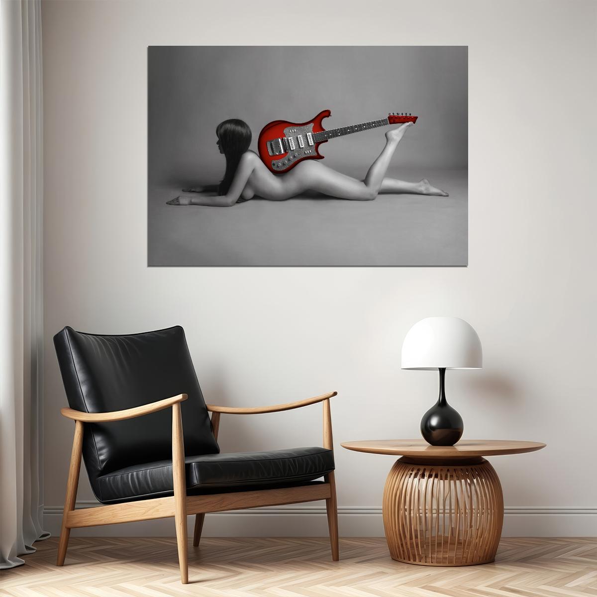 Sexy Nude Poster Woman Red Guitar Painting Black and White Girl Wall Art - xonomax