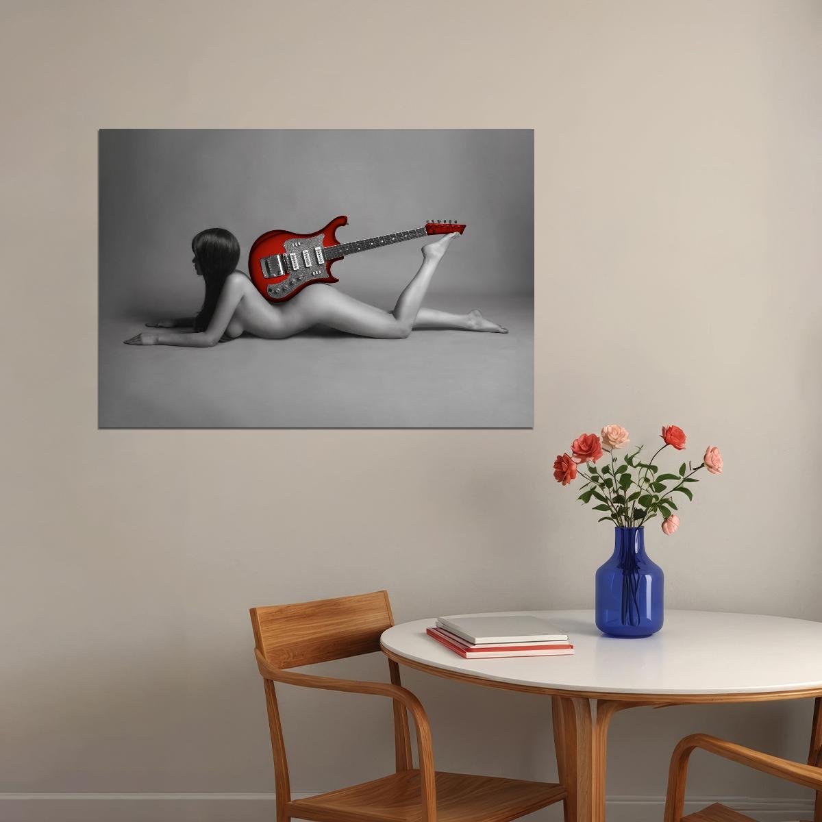 Sexy Nude Poster Woman Red Guitar Painting Black and White Girl Wall Art - xonomax