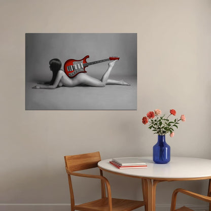 Sexy Nude Poster Woman Red Guitar Painting Black and White Girl Wall Art - xonomax