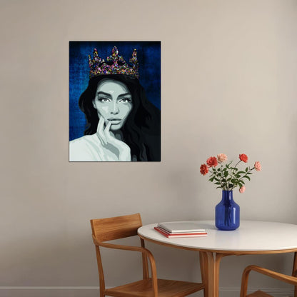 Painting Queen Poster Woman Colorful Crown Blue Artwork Girl Wall Art - xonomax