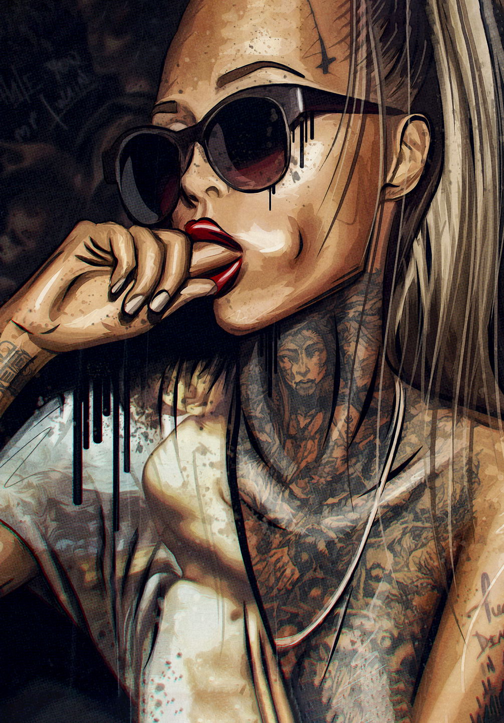 Abstract Cool Sexy Girl Tattoo Pop Art Poster Wear Glasses Women Wall Art - xonomax