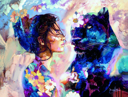 Abstract Painting Girl Cougar Poster Flowers Print Watercolor Woman Animals Wall Art - xonomax