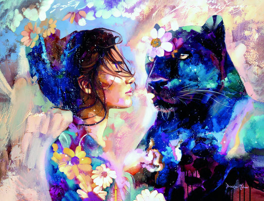 Abstract Painting Girl Cougar Poster Flowers Print Watercolor Woman Animals Wall Art - xonomax
