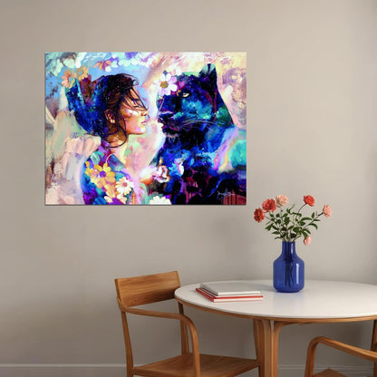 Abstract Painting Girl Cougar Poster Flowers Print Watercolor Woman Animals Wall Art - xonomax
