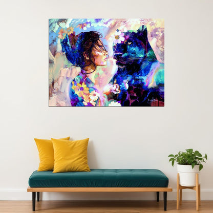 Abstract Painting Girl Cougar Poster Flowers Print Watercolor Woman Animals Wall Art - xonomax