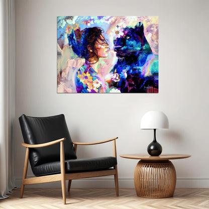 Abstract Painting Girl Cougar Poster Flowers Print Watercolor Woman Animals Wall Art - xonomax