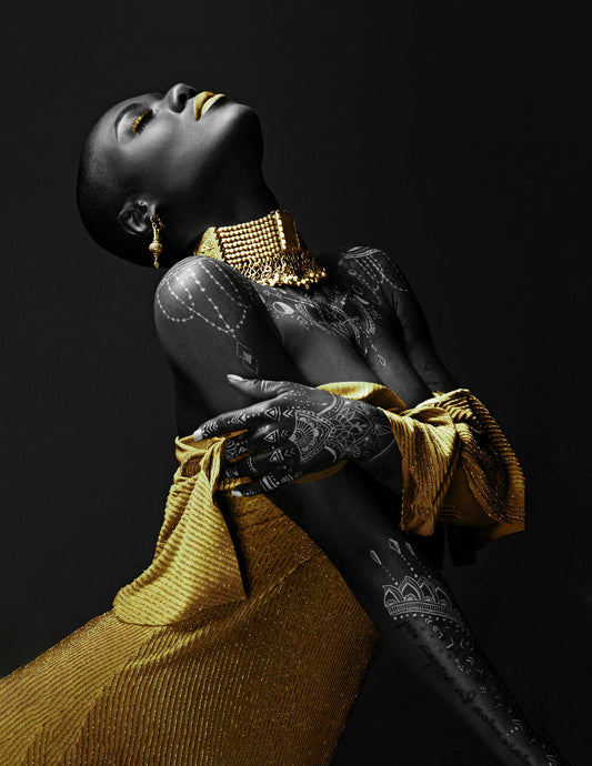 African Black Woman Poster Painting Print Modern Golden Jewelry Yellow Dress Wall Art - xonomax