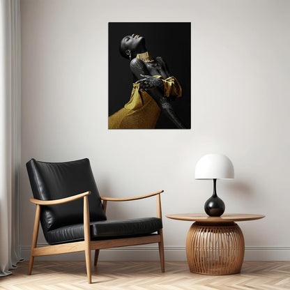 African Black Woman Poster Painting Print Modern Golden Jewelry Yellow Dress Wall Art - xonomax