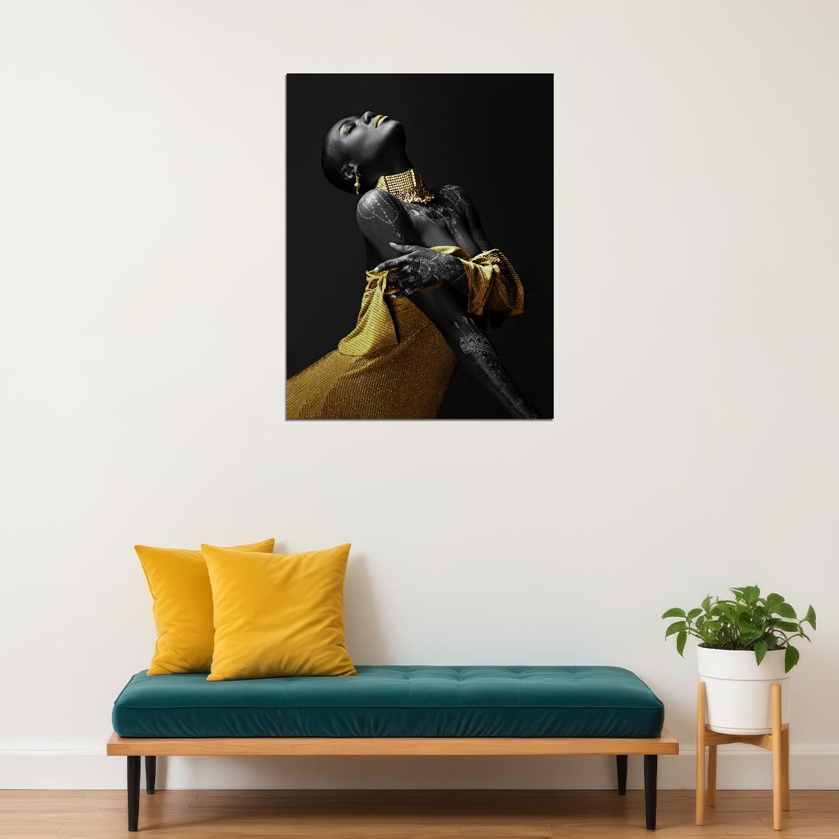 African Black Woman Poster Painting Print Modern Golden Jewelry Yellow Dress Wall Art - xonomax