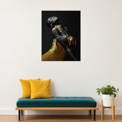 African Black Woman Poster Painting Print Modern Golden Jewelry Yellow Dress Wall Art - xonomax