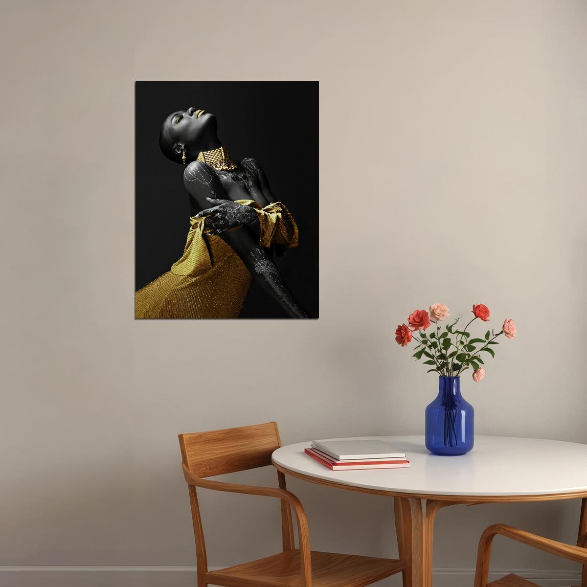African Black Woman Poster Painting Print Modern Golden Jewelry Yellow Dress Wall Art - xonomax