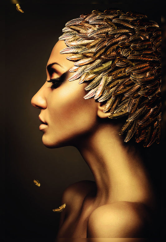 Girl With Golden Feathers Hairstyle Poster Women Artwork Nude Sexy Style Wall Art - xonomax