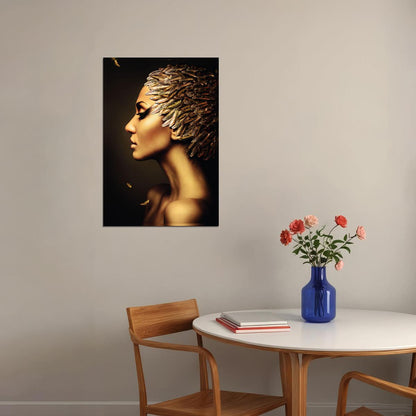 Girl With Golden Feathers Hairstyle Poster Women Artwork Nude Sexy Style Wall Art - xonomax