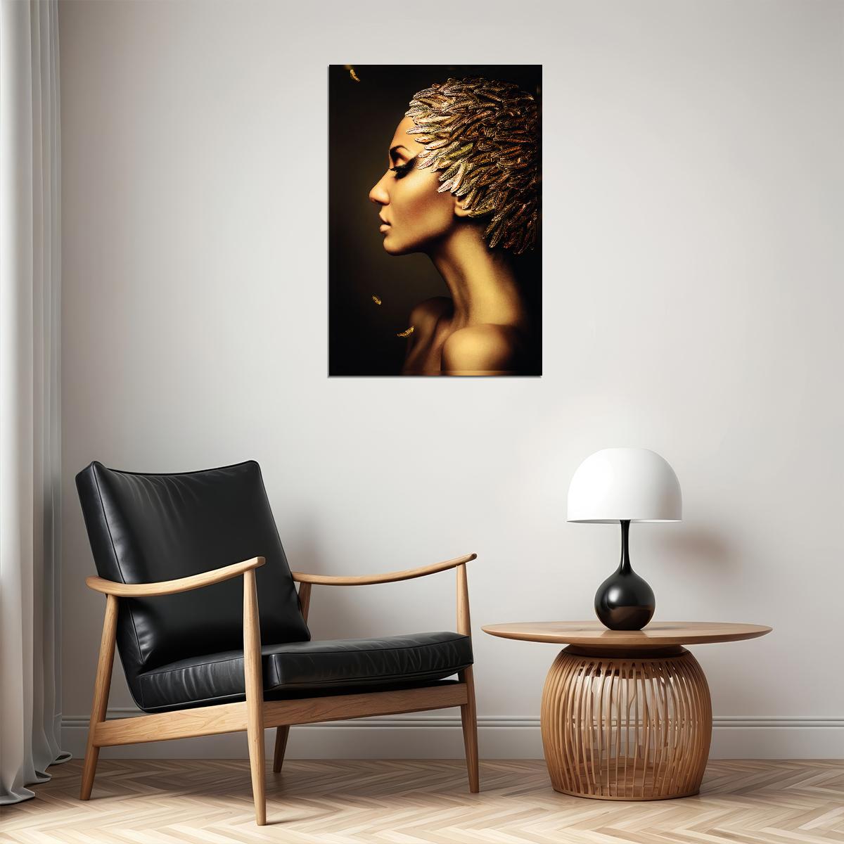Girl With Golden Feathers Hairstyle Poster Women Artwork Nude Sexy Style Wall Art - xonomax