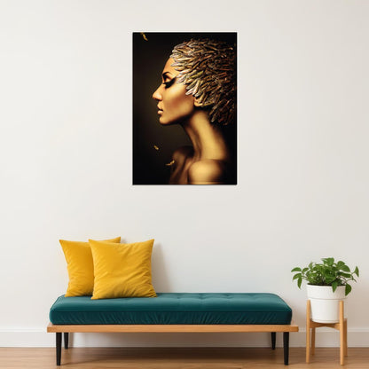 Girl With Golden Feathers Hairstyle Poster Women Artwork Nude Sexy Style Wall Art - xonomax