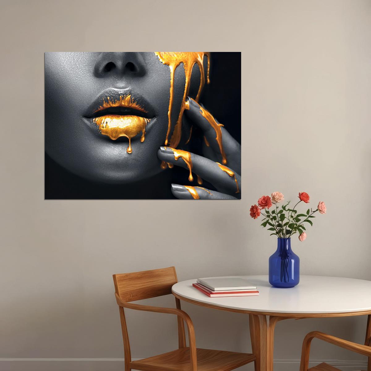 Black African Woman Poster Golden Lips Portrait Pictures Wall Art Black and White - xonomax