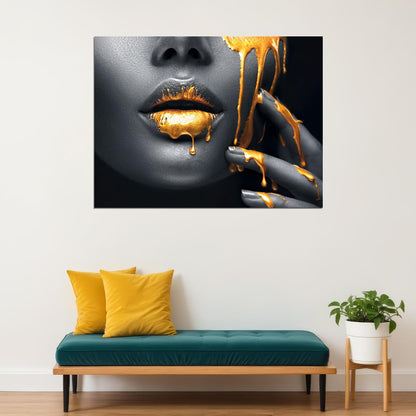 Black African Woman Poster Golden Lips Portrait Pictures Wall Art Black and White - xonomax