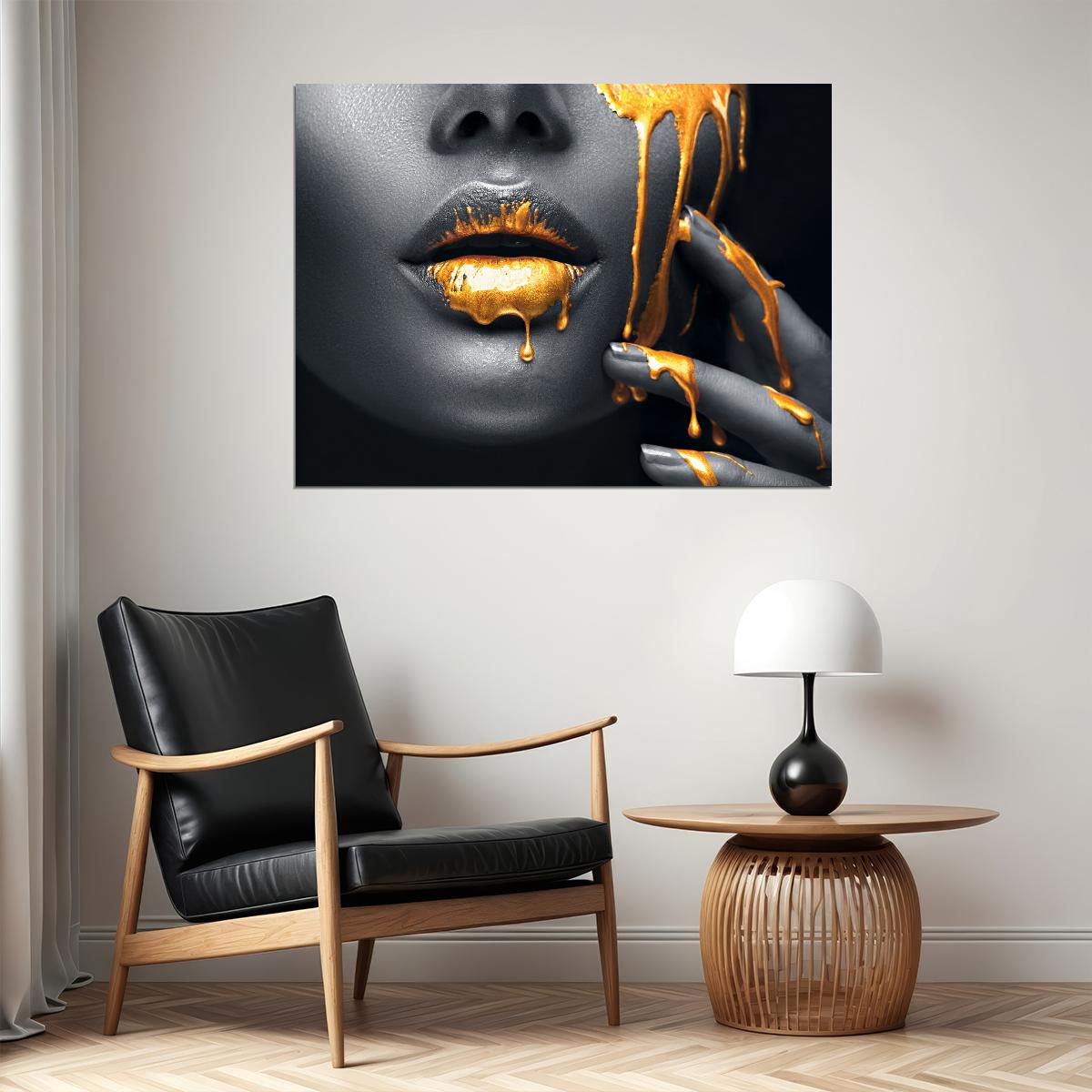 Black African Woman Poster Golden Lips Portrait Pictures Wall Art Black and White - xonomax