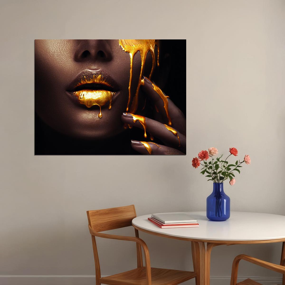 Black African Woman Poster Golden Lips Portrait Pictures Wall Art Painting - xonomax