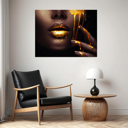 Black African Woman Poster Golden Lips Portrait Pictures Wall Art Painting - xonomax