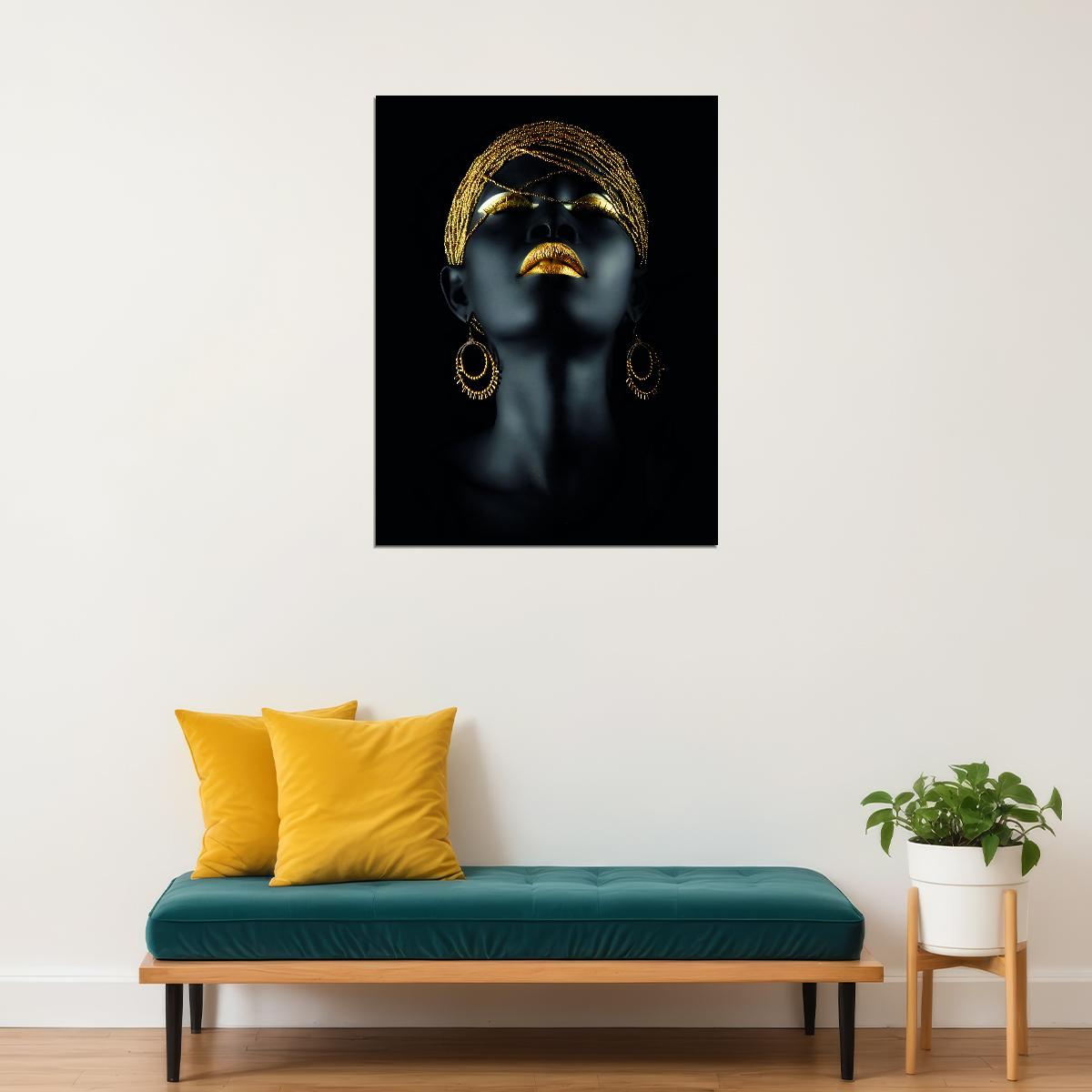 Black Woman Golden Headdress Poster African Style Painting Poster Print Girl Wall Art - xonomax