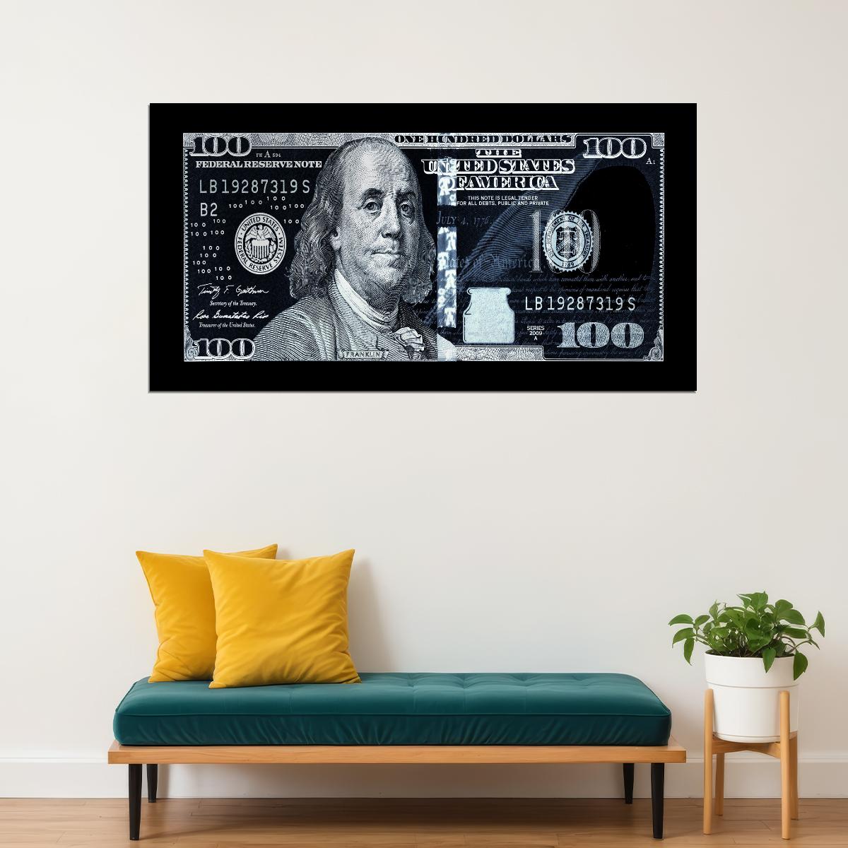 Just One Hundred Bucks Poster Benjamin Franklin Dollar Negative Style Wall Art - xonomax