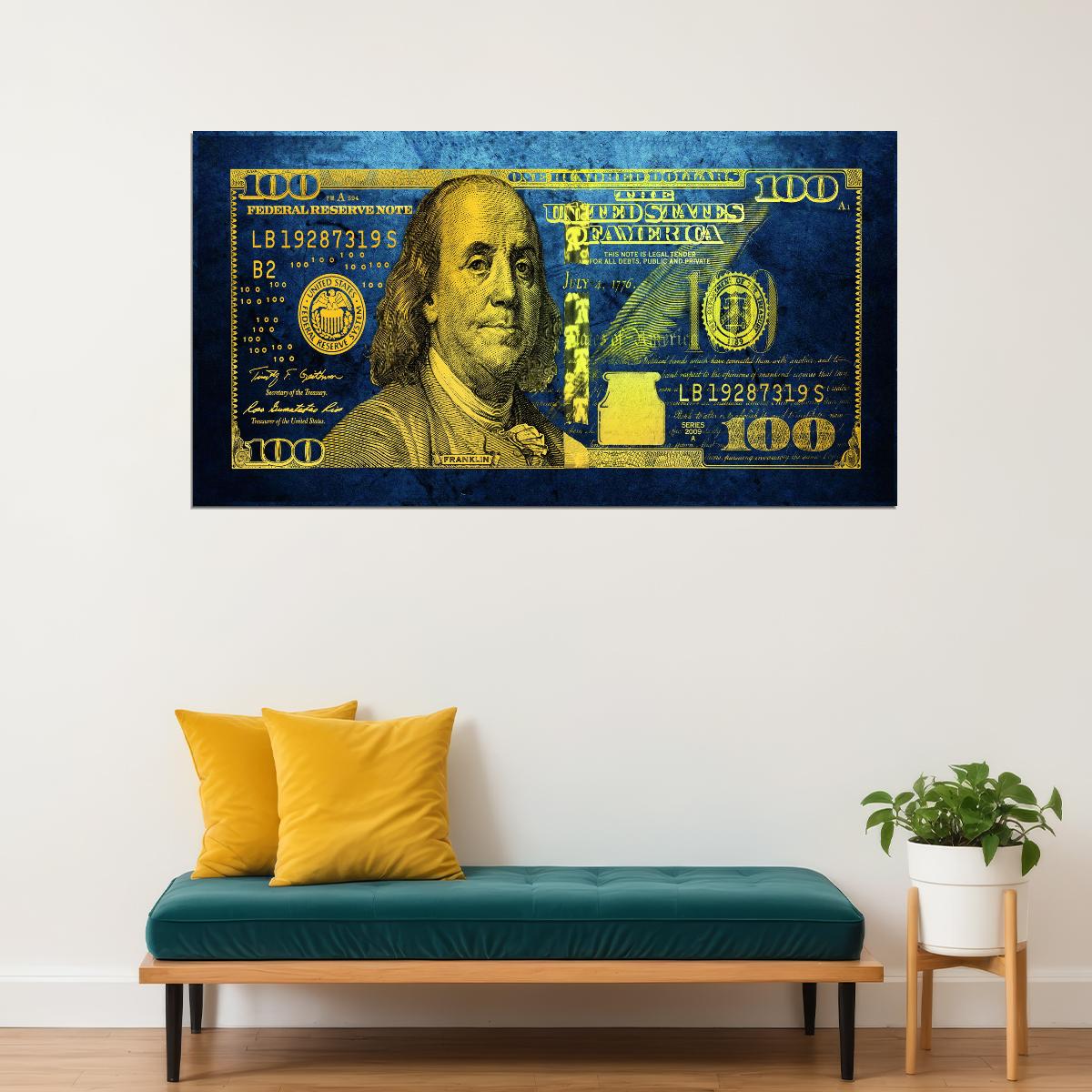 Just One Hundred Bucks Poster Benjamin Franklin Dollar Blue Style Wall Art - xonomax