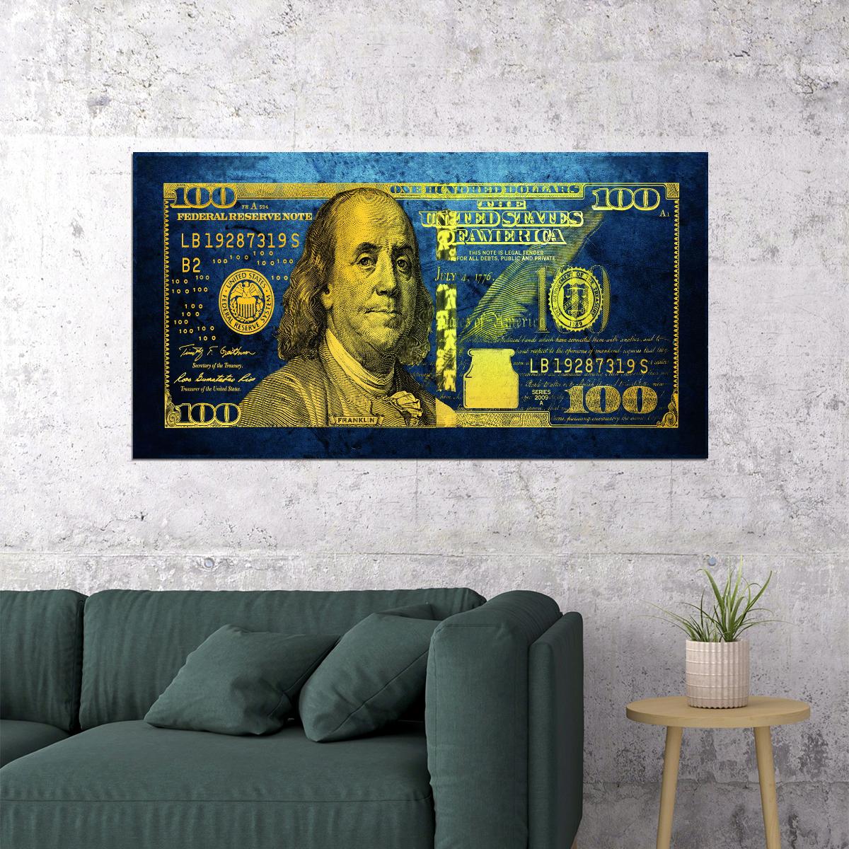 Just One Hundred Bucks Poster Benjamin Franklin Dollar Blue Style Wall Art - xonomax