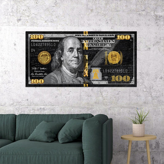 Just One Hundred Bucks Poster Benjamin Franklin Dollar Gold Style Wall Art - xonomax