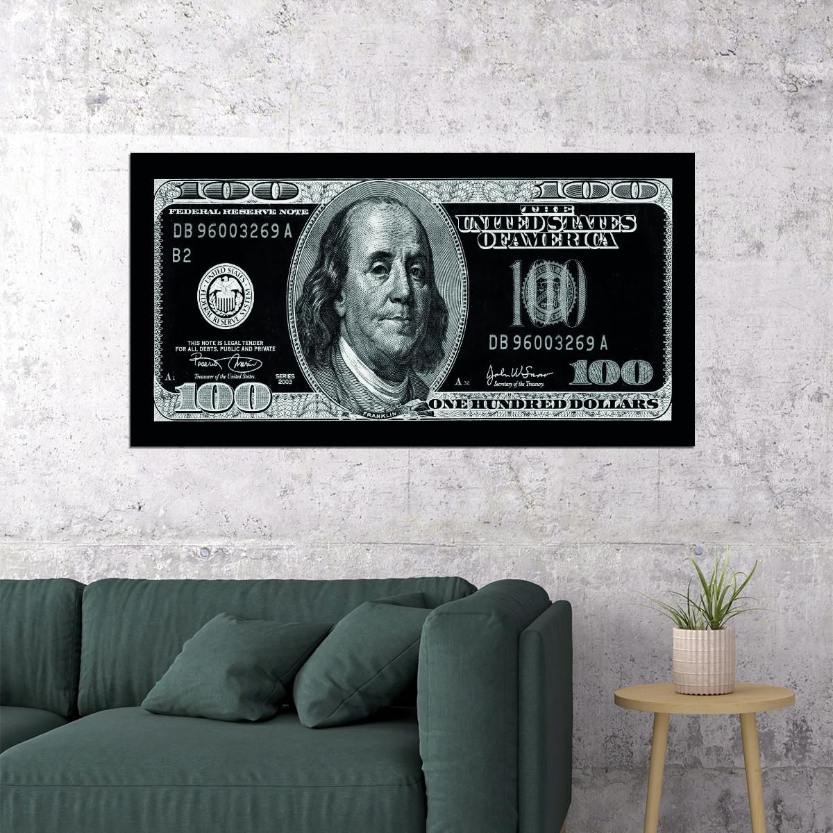 Just One Hundred Bucks Poster Benjamin Franklin Dollar Black and White Style Wall Art - xonomax