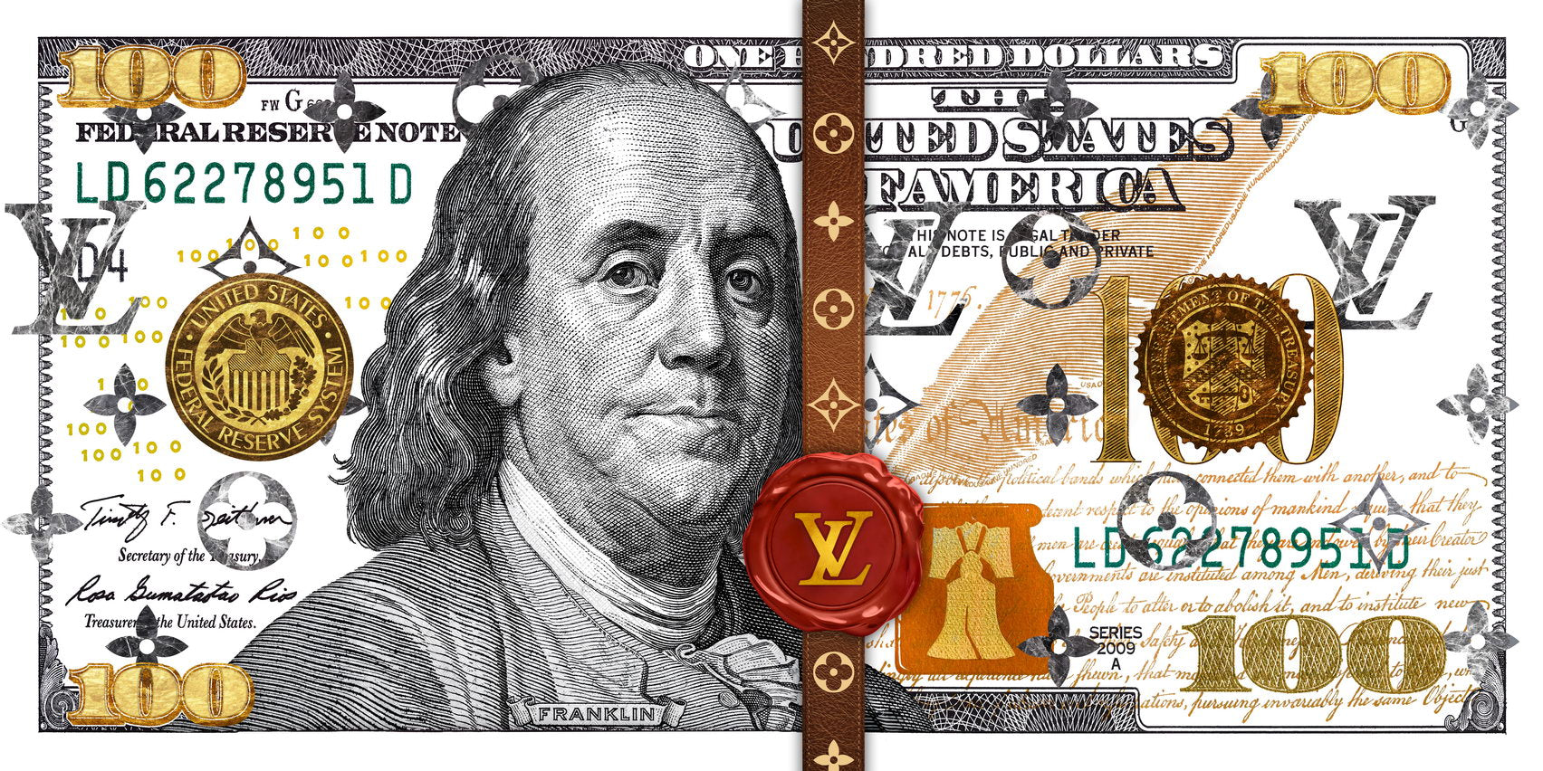 Just One Hundred Bucks Poster Benjamin Franklin LV Louis Vuitton Style Wall Art - xonomax