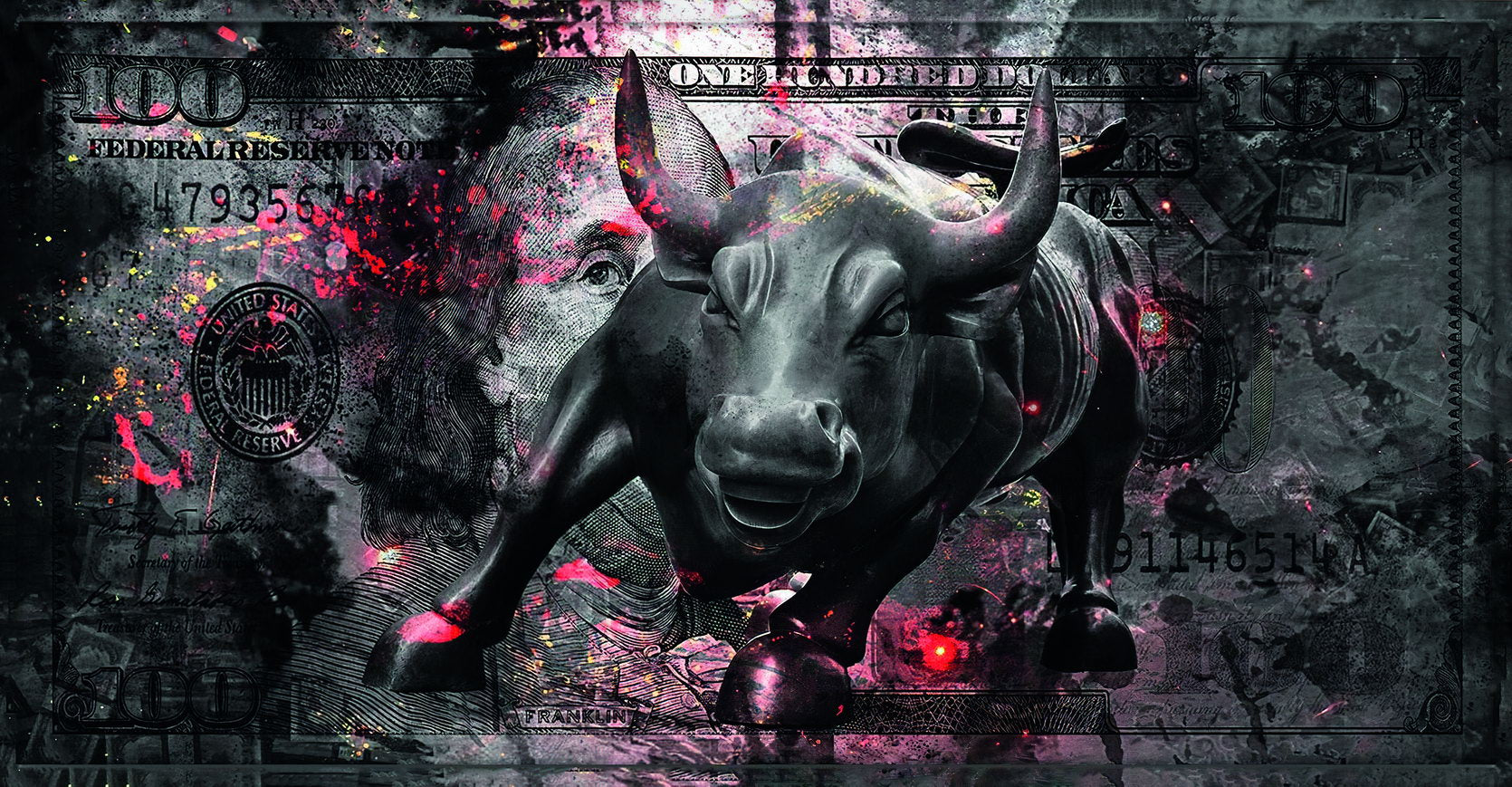 One Hundred Dollars Poster Bull Trading Stock Market Wall Street Motivational Wall Art - xonomax