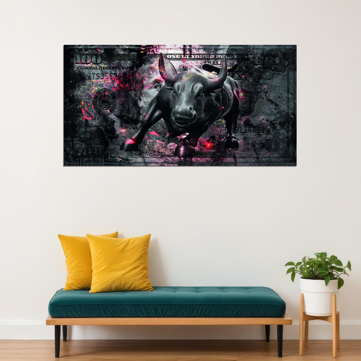 One Hundred Dollars Poster Bull Trading Stock Market Wall Street Motivational Wall Art - xonomax