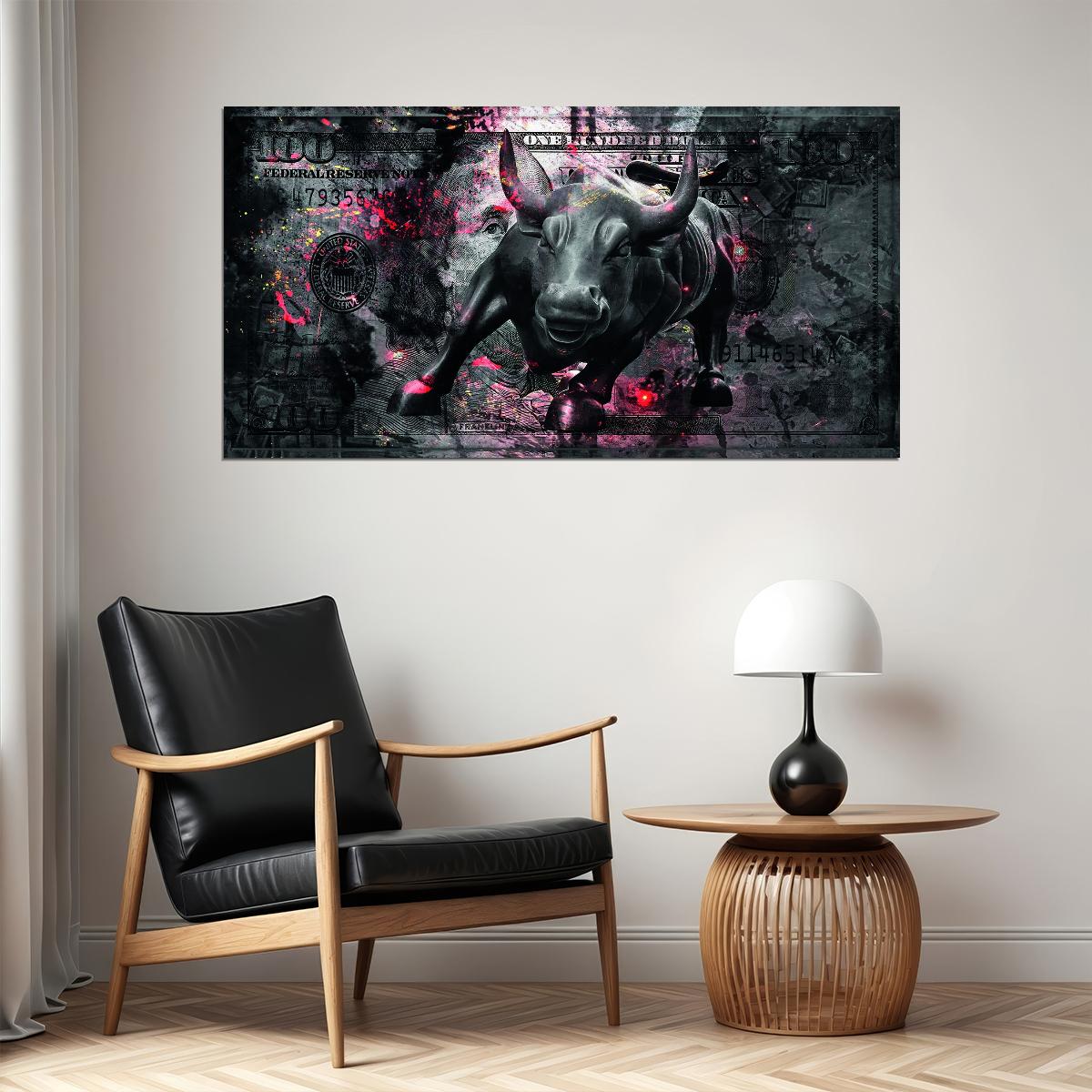 One Hundred Dollars Poster Bull Trading Stock Market Wall Street Motivational Wall Art - xonomax