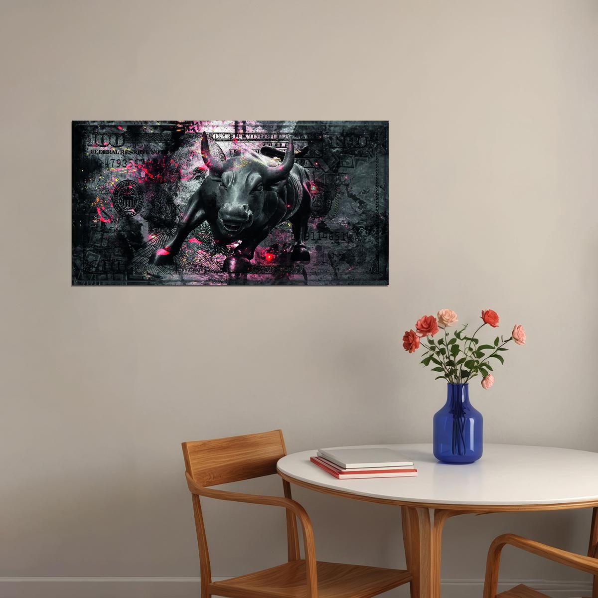 One Hundred Dollars Poster Bull Trading Stock Market Wall Street Motivational Wall Art - xonomax