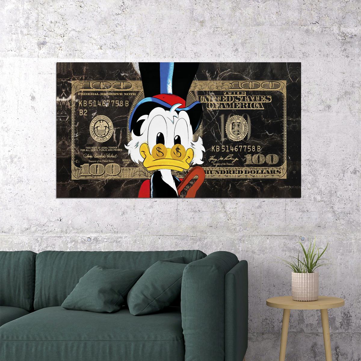 One Hundred Dollar Cartoon Duck Poster Eyes As Bucks Dollar Bill Wall Art