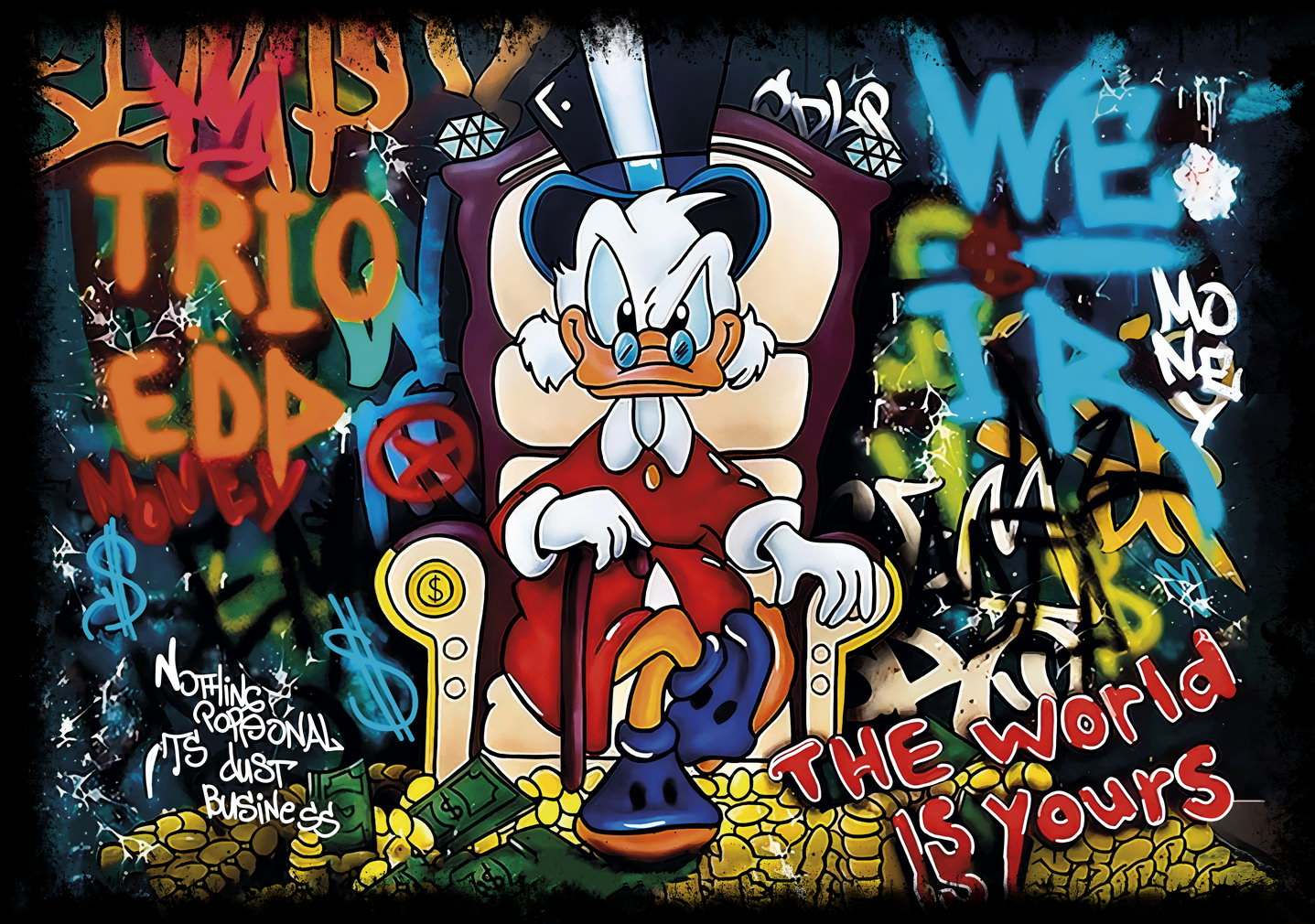 Cartoon Duck Poster Pop Art Graffiti Street Art The World Is Yours Quote Money Wall Art - xonomax