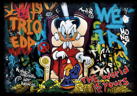 Cartoon Duck Poster Pop Art Graffiti Street Art The World Is Yours Quote Money Wall Art - xonomax