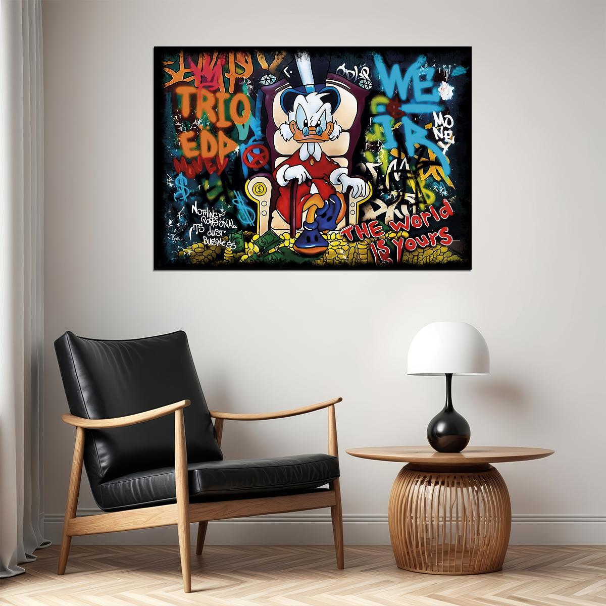 Cartoon Duck Poster Pop Art Graffiti Street Art The World Is Yours Quote Money Wall Art - xonomax