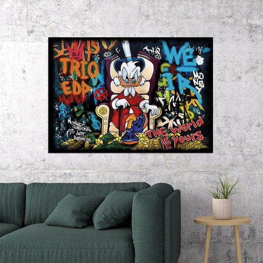 Cartoon Duck Poster Pop Art Graffiti Street Art The World Is Yours Quote Money Wall Art - xonomax