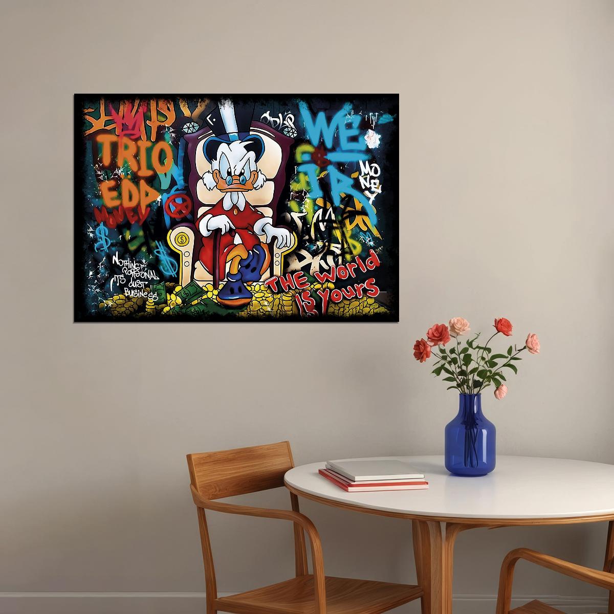 Cartoon Duck Poster Pop Art Graffiti Street Art The World Is Yours Quote Money Wall Art - xonomax