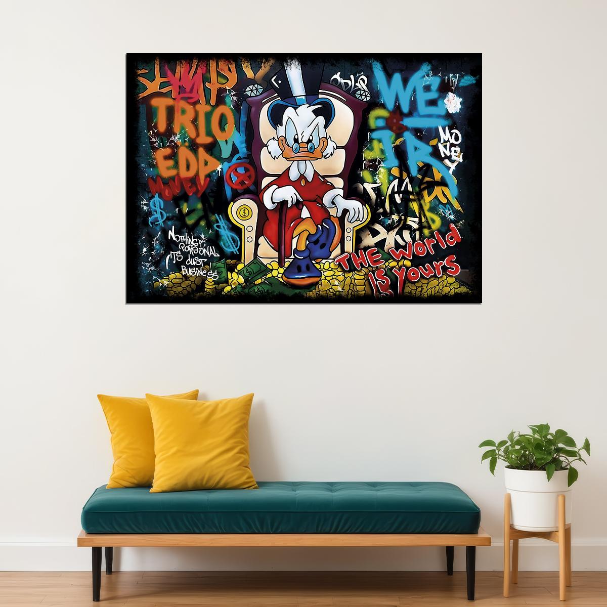 Cartoon Duck Poster Pop Art Graffiti Street Art The World Is Yours Quote Money Wall Art - xonomax