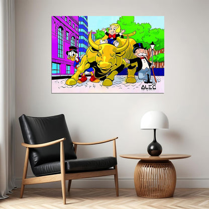 Cartoon Duck and Monopoly Guy Bull Poster Stock Market Wall Street Wall Art Home - xonomax