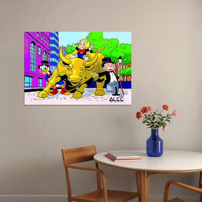 Cartoon Duck and Monopoly Guy Bull Poster Stock Market Wall Street Wall Art Home - xonomax