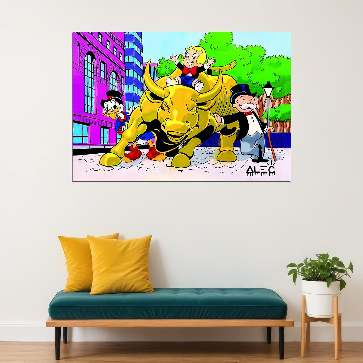 Cartoon Duck and Monopoly Guy Bull Poster Stock Market Wall Street Wall Art Home - xonomax